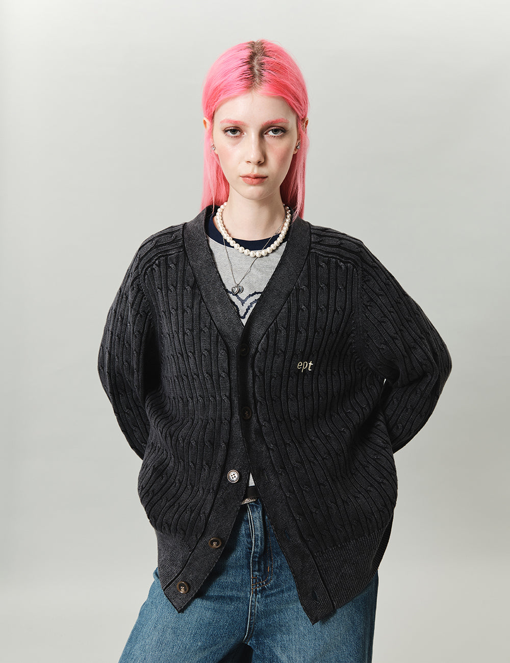 Sand Washing Knit Cardigan (Black)
