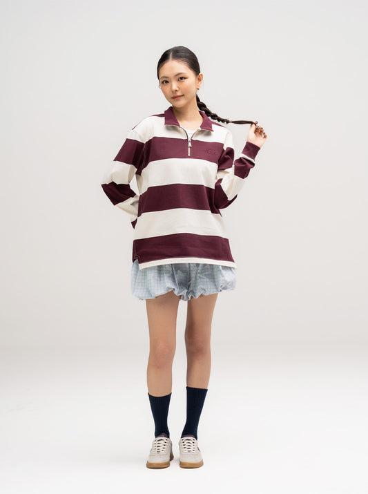 Striped Rugby Half Zip Up (Burgundy)