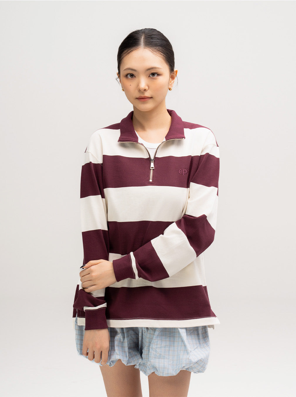 Striped Rugby Half Zip Up (Burgundy)