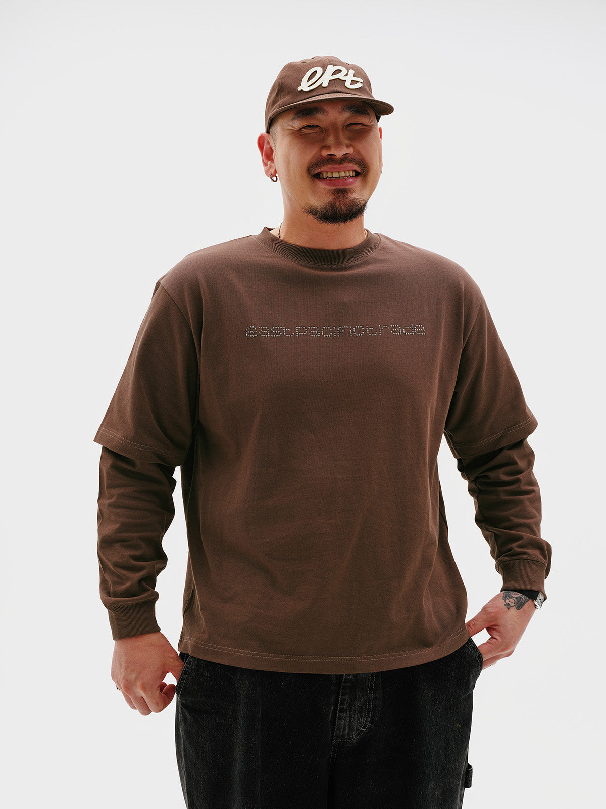 Studded Logo Layered Long Sleeve (Brown)